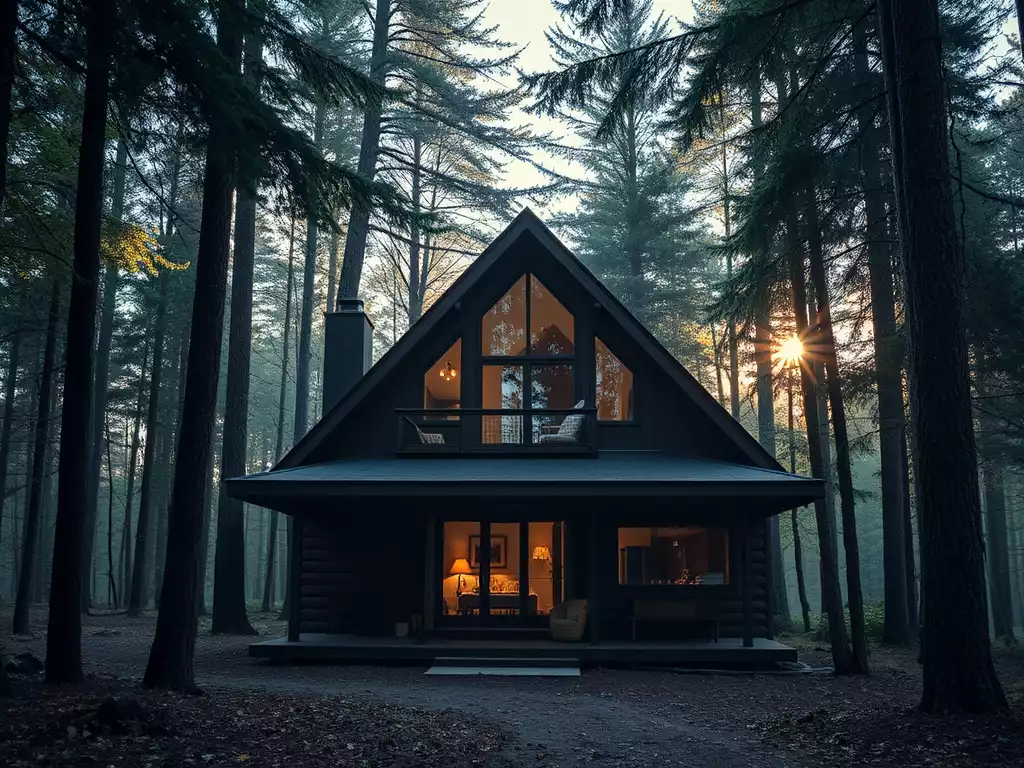 Luxurious private cabin nestled in a serene forest, morning light, no text, no words, no typography