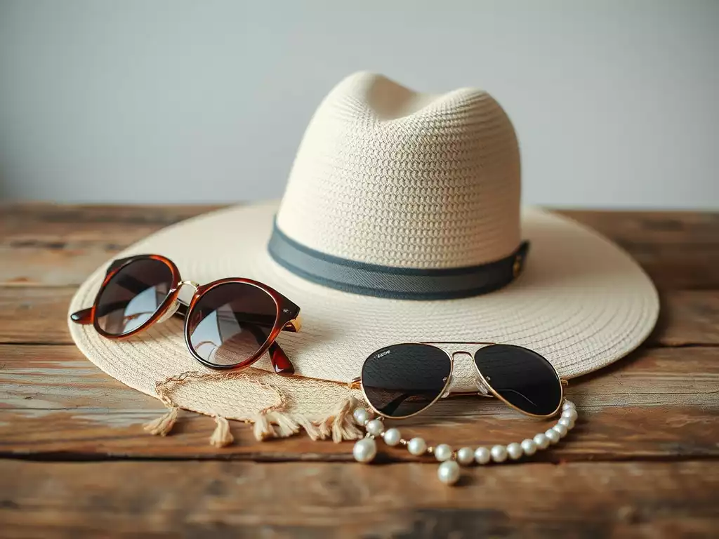 Close-up of elegant Southern-inspired accessories like a wide-brimmed hat, stylish sunglasses, and a delicate necklace, arranged on a rustic wooden table, no text, no words, no typography, clean image