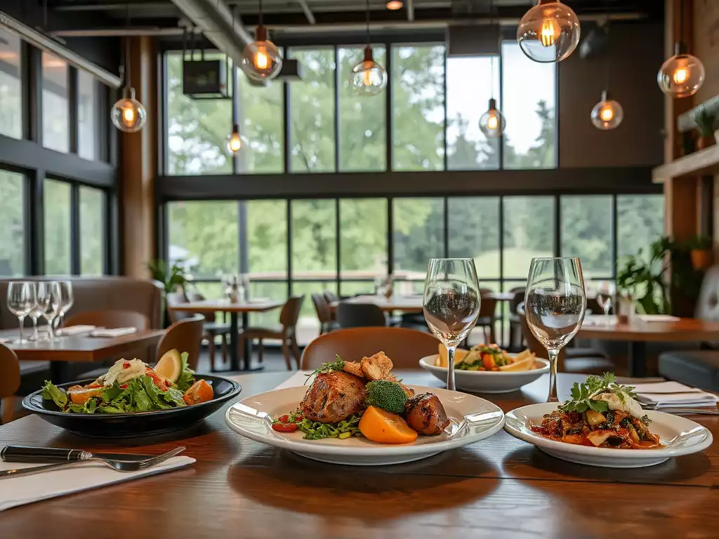 Modern restaurant setting with farm-to-table dishes, showcasing fresh, local ingredients, with a strong focus on sustainability in East Tennessee