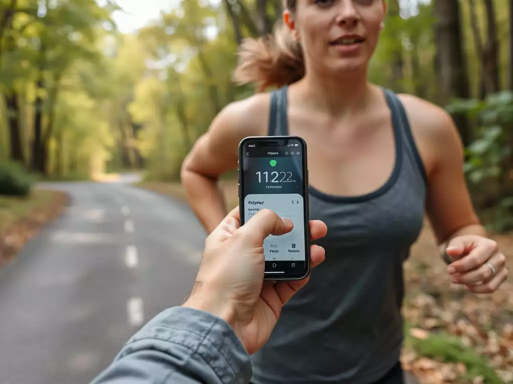Person using a fitness tracking app on a smartphone during an outdoor run in East Tennessee, showing technology integration and healthy lifestyle, no text, no words, no typography, 8K