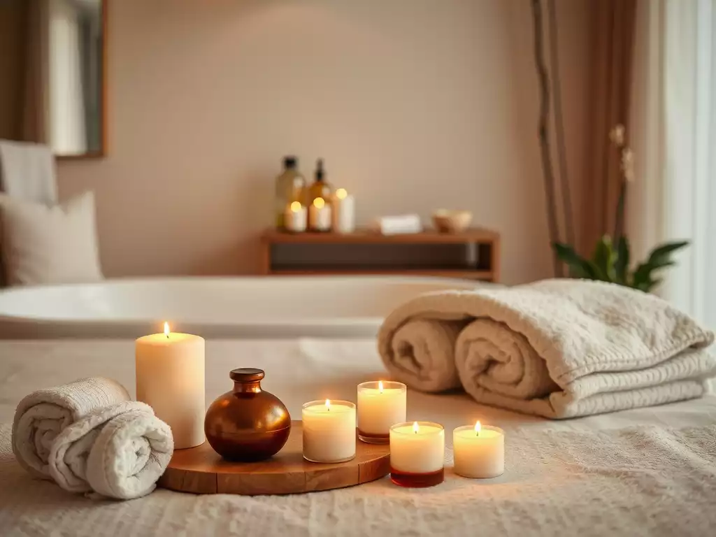 Relaxing home spa setup with candles and essential oils