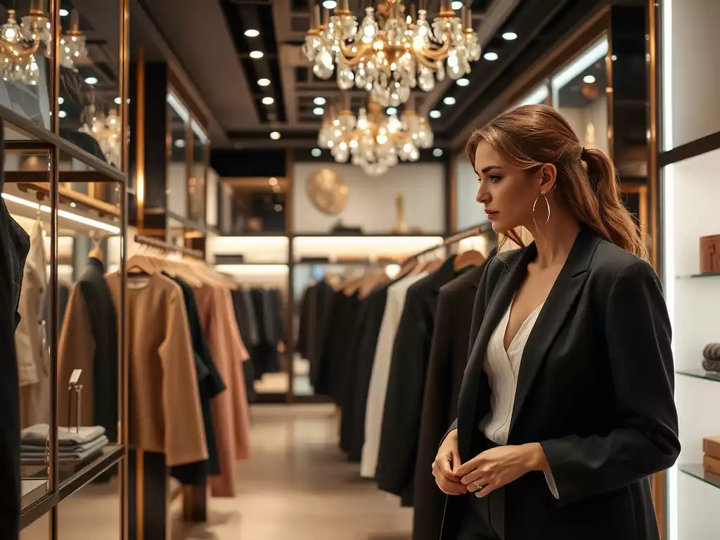 Elegant woman browsing high-end clothing in a brightly lit luxury boutique