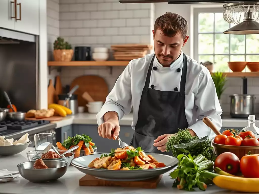 Chef preparing a modern Southern dish with traditional ingredients in a high-end kitchen