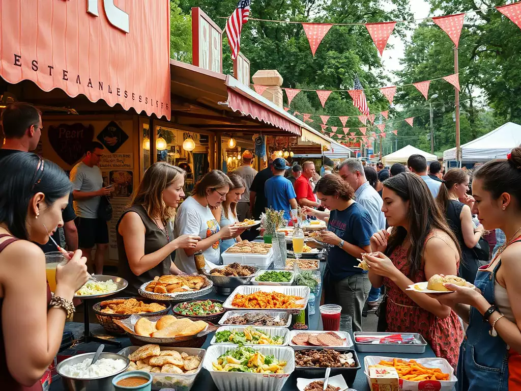 People enjoying diverse food from various stalls at an outdoor East Tennessee festival, with a focus on local culinary delights