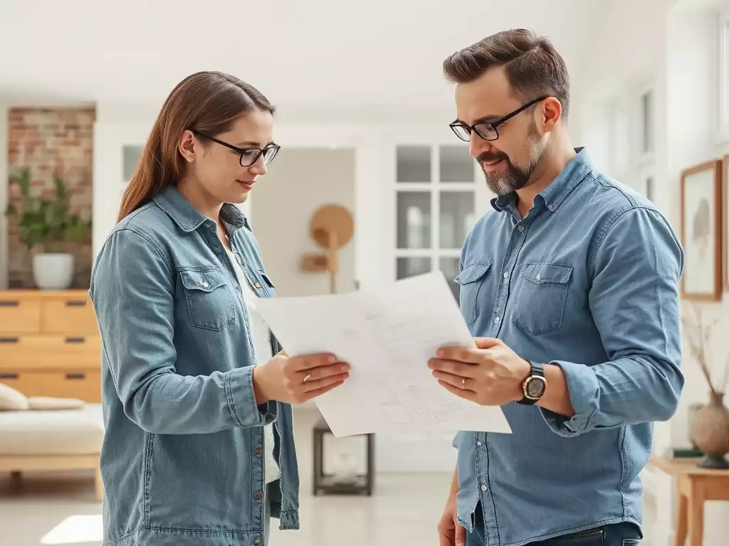 Architect and homeowner reviewing renovation plans on a tablet, modern and historic elements