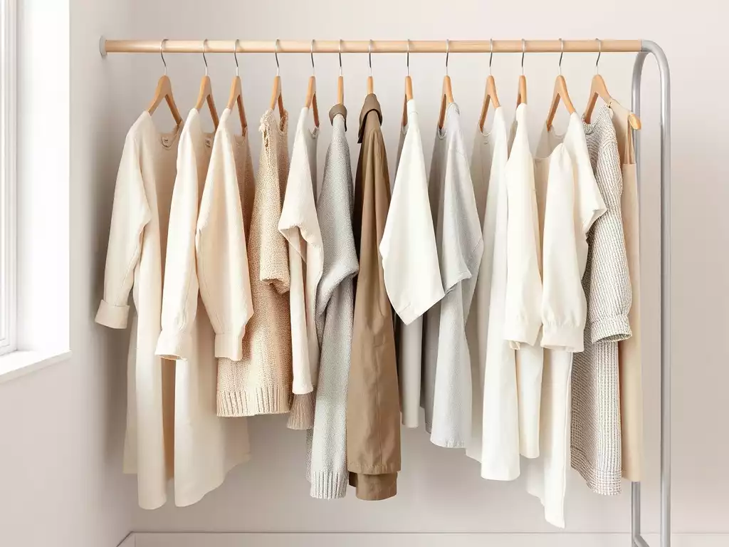 Stylishly organized capsule wardrobe with neutral clothing items on hangers