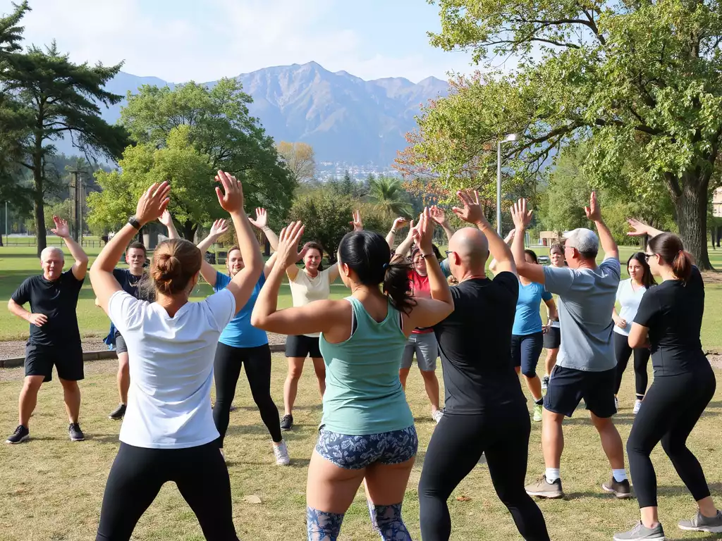 Diverse group of people participating in an outdoor community fitness class in a park, with mountains in the background, showing engagement and health, no text, no words, no typography, 8K