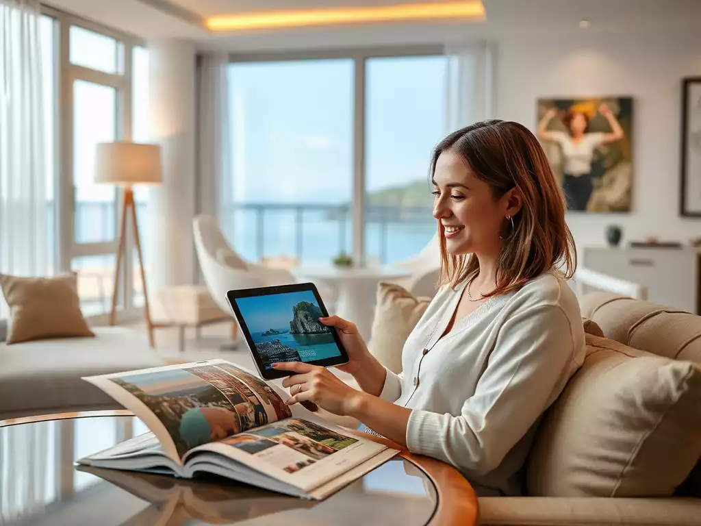 Woman happily planning a luxury vacation on a tablet