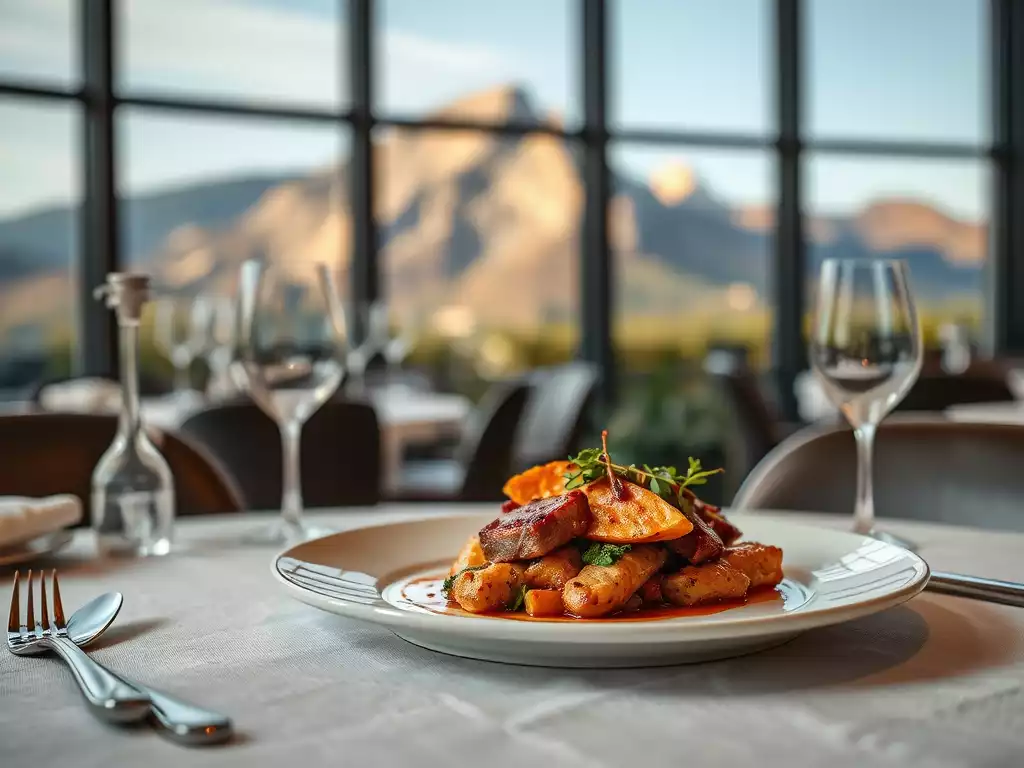 Beautifully plated gourmet dish in a high-end restaurant with a mountain view