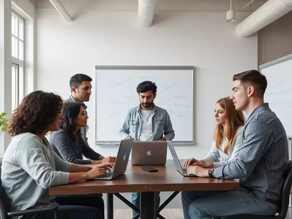 Diverse group of entrepreneurs collaborating in a modern coworking space in East Tennessee