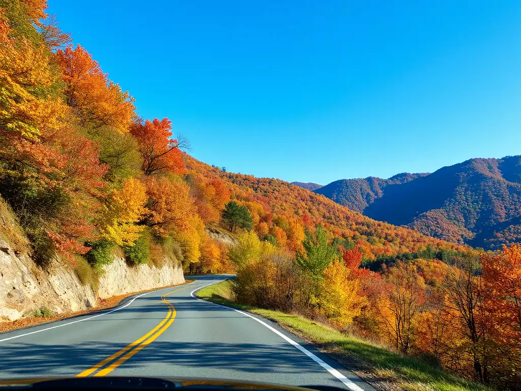 Car driving on a scenic mountain road in East Tennessee during autumn