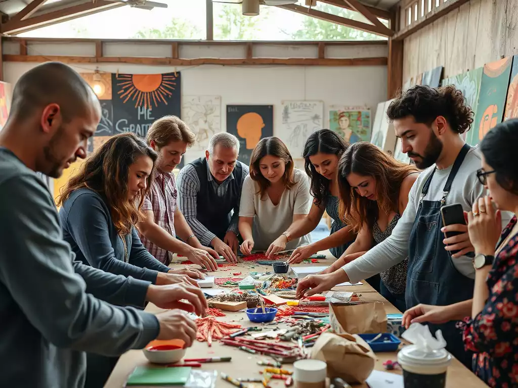 Diverse group of local artists collaborating on a community art project, vibrant and creative atmosphere