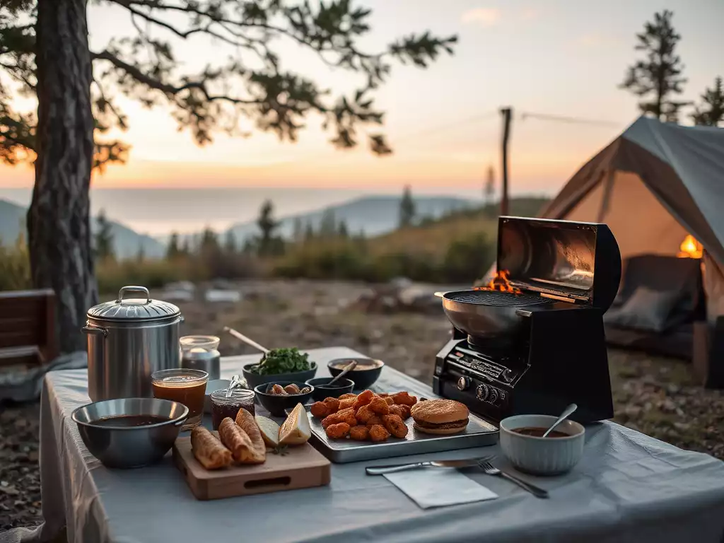 Gourmet cooking setup outdoors at a luxury campsite, no text, no words, no typography, 8K, clean image