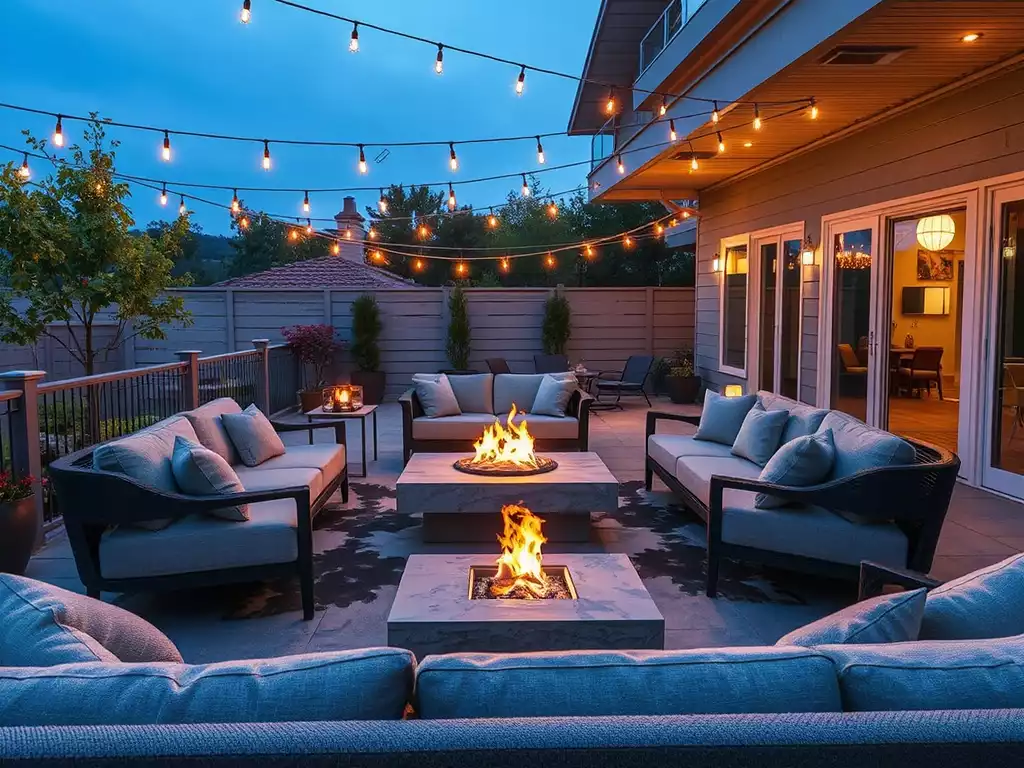 Luxurious outdoor lounge area with comfortable seating and a fire pit