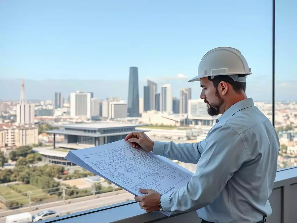 Architect reviewing blueprints of a luxury modern home, with a city skyline in the background, no text, no words, no typography, 8K, natural lighting