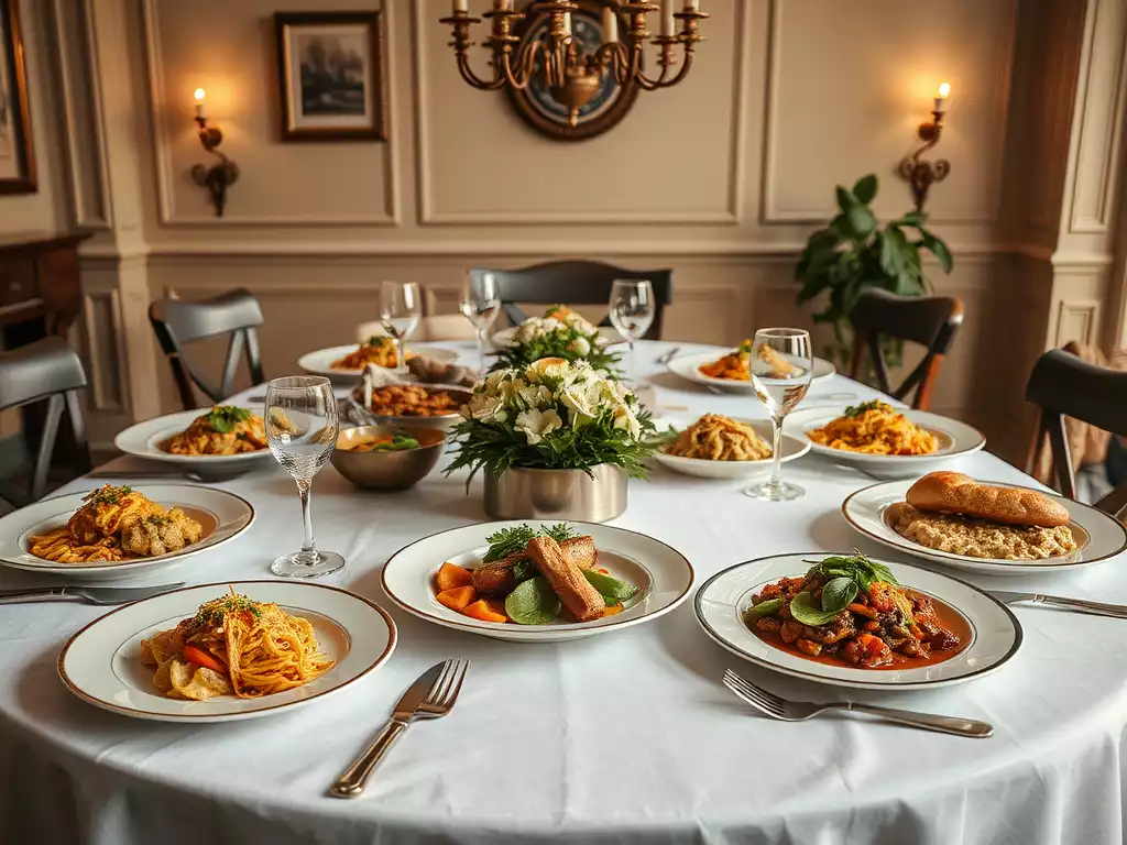 Elegant Southern fine dining table setting with beautifully plated contemporary Southern dishes
