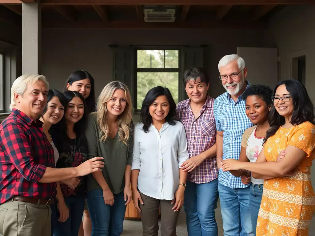 Diverse group of people collaborating on a community project, representing philanthropy and community development in East Tennessee, no text, no words, no typography, clean image