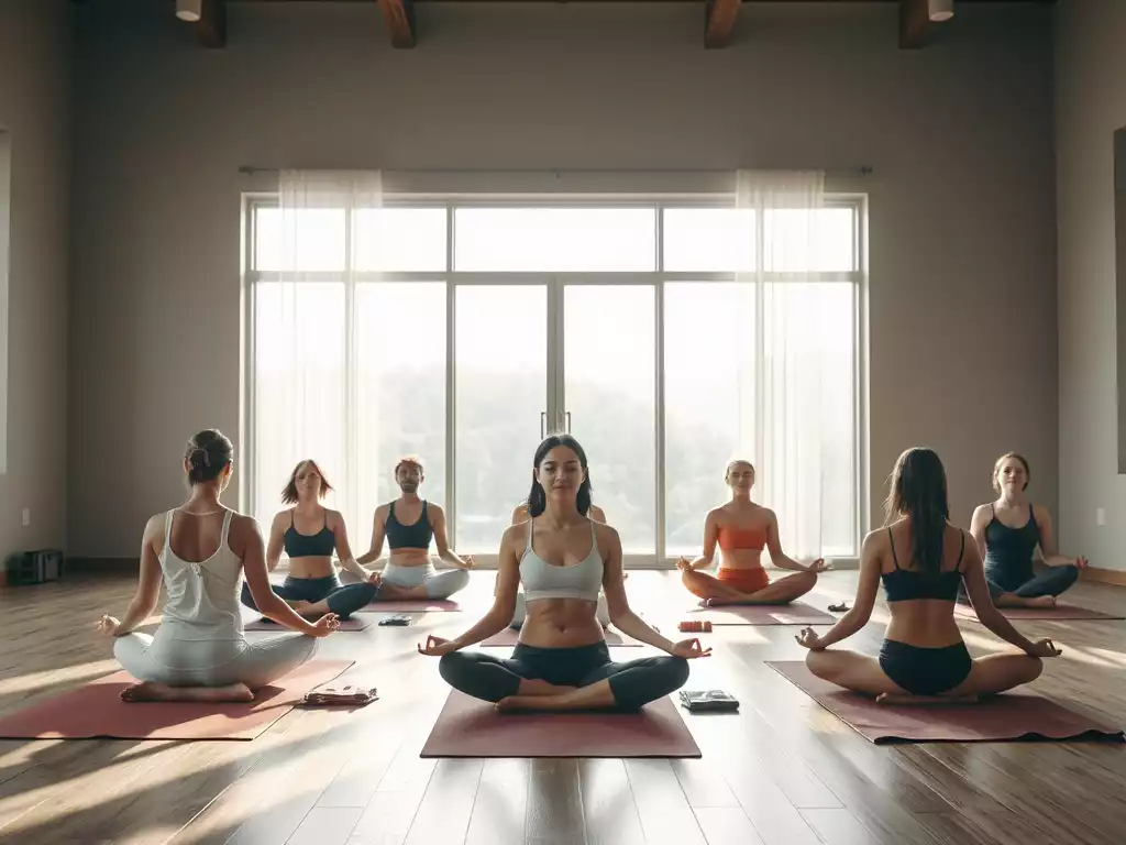 Diverse group of people meditating in a tranquil, modern yoga studio with soft lighting