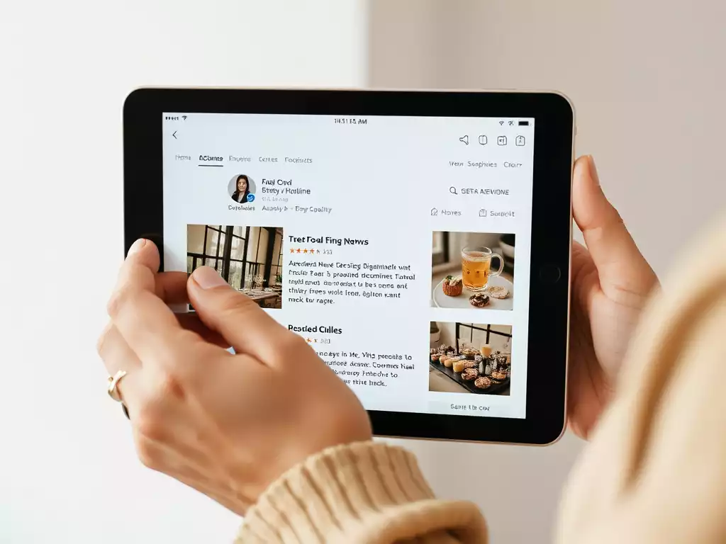 Person using a tablet to read customer reviews for a local luxury boutique