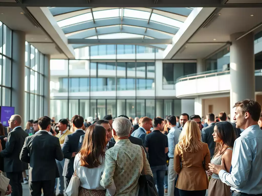 Professionals networking at a luxury real estate conference, modern architecture in background, no text, no words, no typography, 8K, natural lighting