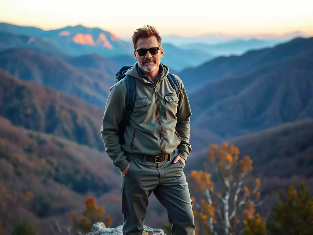 Stylish hiker in the Smokies wearing functional yet fashionable outdoor gear