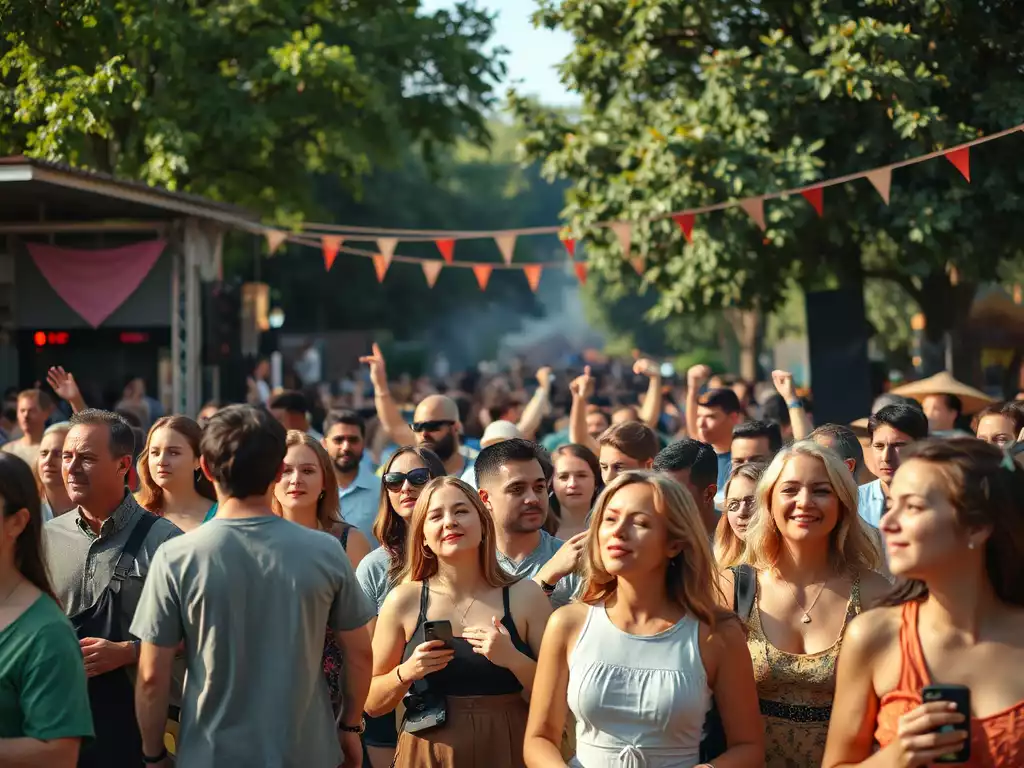 Diverse group of people enjoying a local music festival outdoors, vibrant and energetic atmosphere